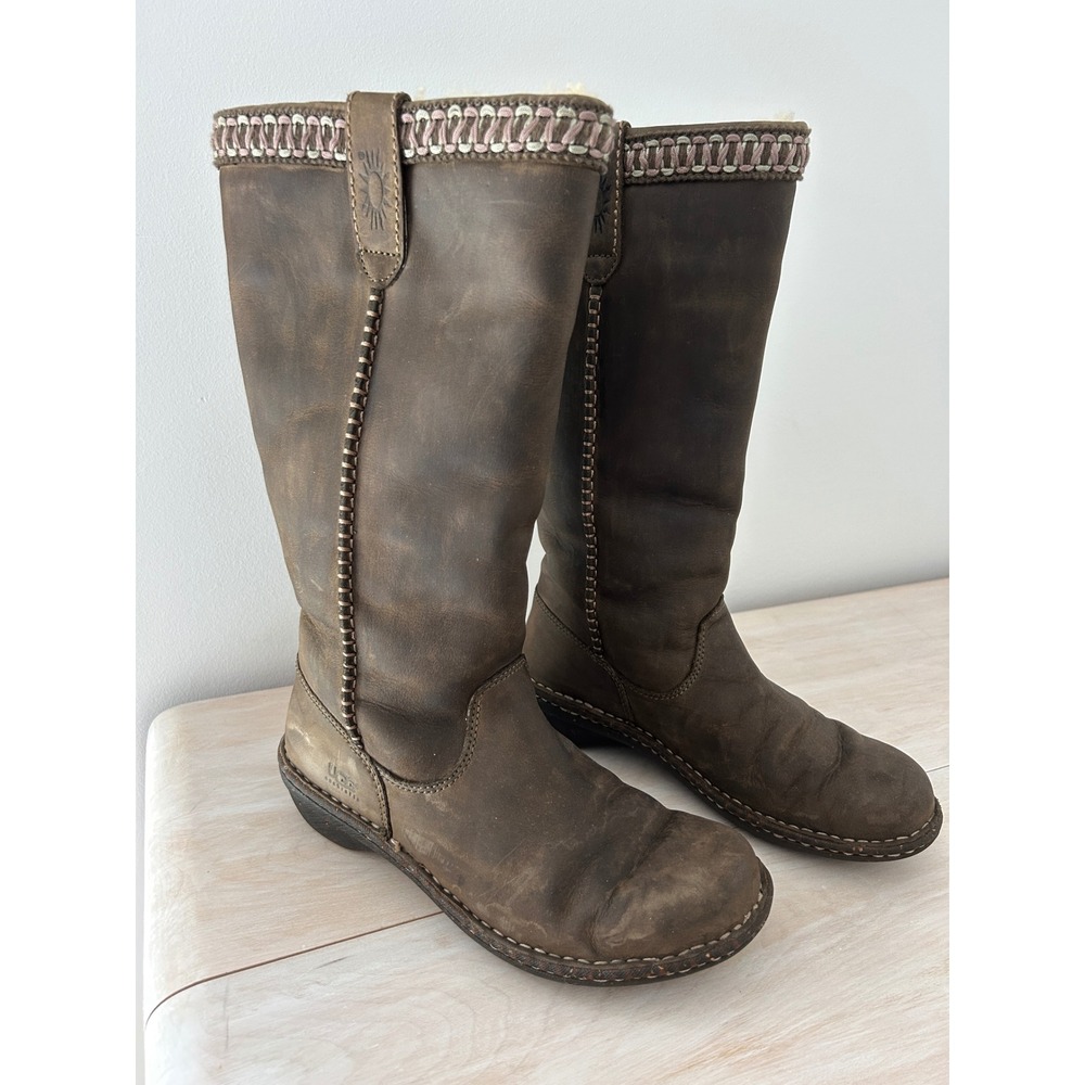 UGG Australia Sunburst Tall Brown Leather Shearling Boots Size 7 5359